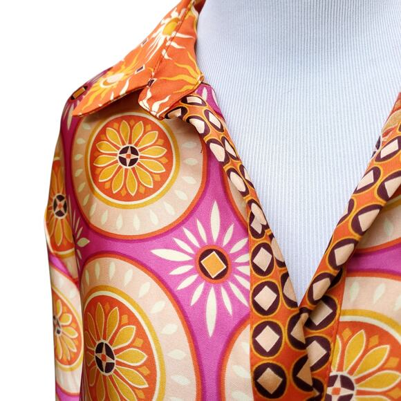 House of Harlow 1960 Button Down Tunic Top Shiny Retro Pink Orange Bold Sz M - Picture 3 of 14